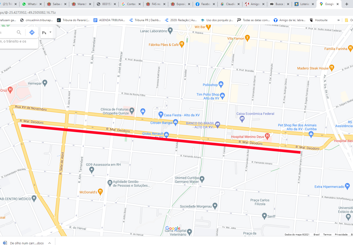 Trecho sinalizado pela linha vermelha no bairro Alto da XV. Foto: Reprodução / Google Maps