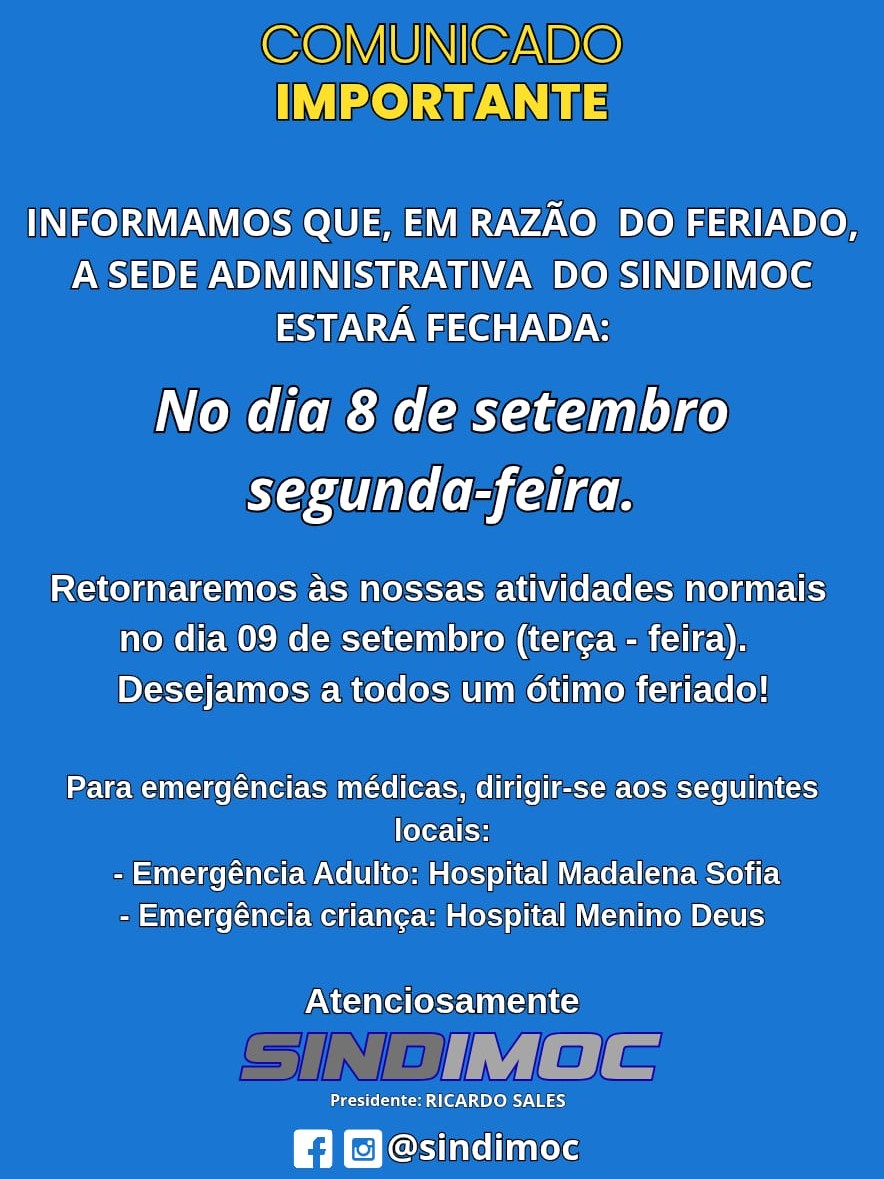 SEDE ADMINISTRATIVA  O ATENDIMENTO ESTARÁ SUSPENSO NO DIA 08/09/2025, RETORNANDO AS ATIVIDADES NORMAIS NA TERÇA --FEIRA DIA 09/09/2025.