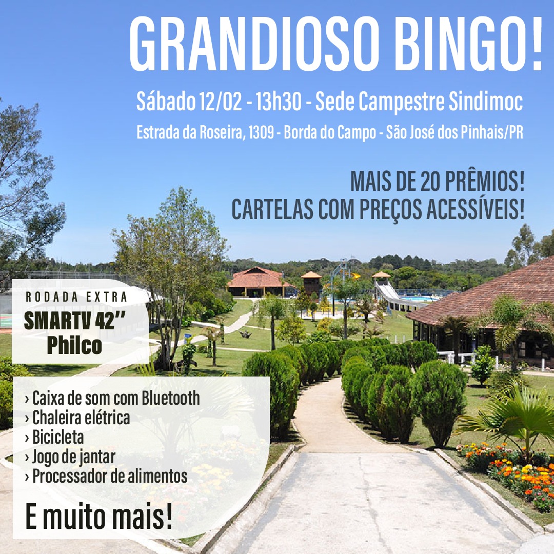 Sindimoc realiza bingo de prêmios na Sede Campestre, no dia 12 de fevereiro