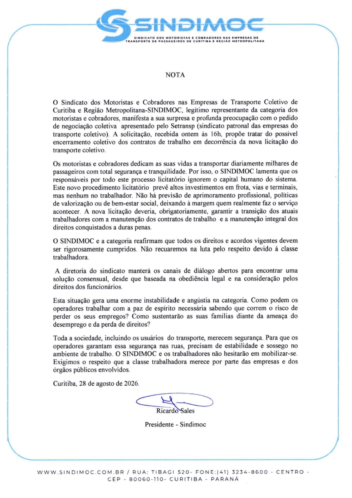 NOTA À IMPRENSA